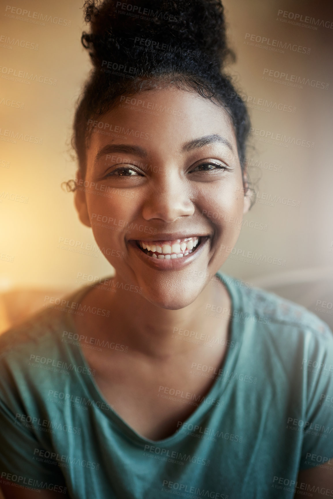 Buy stock photo Cropped portrait of a young female student studying at home