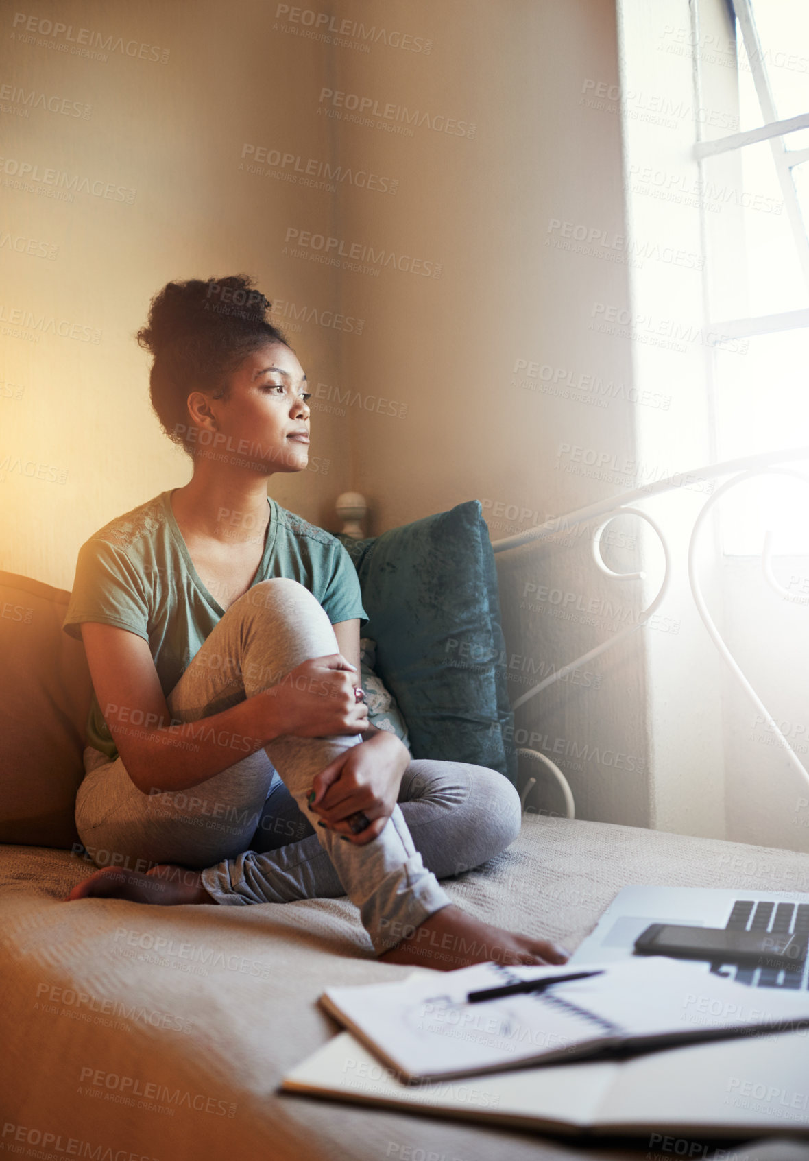 Buy stock photo Full length shot of a young female student studying at home