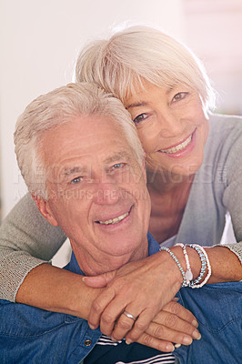 Buy stock photo Portrait of a happy senior couple at home