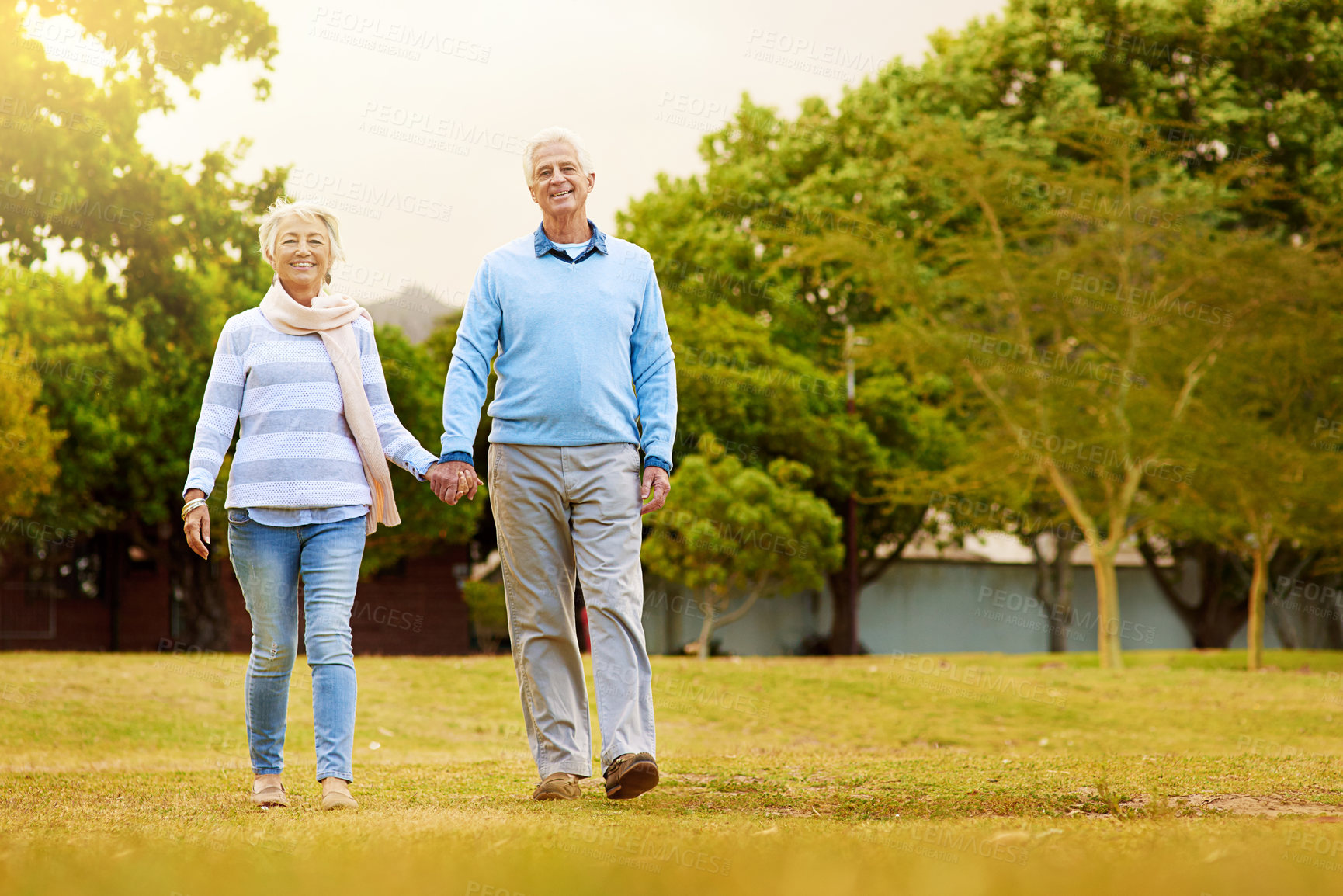 Buy stock photo Portrait of a senior couple enjoying a walk together in a park