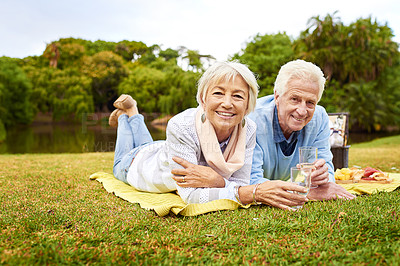 Buy stock photo Portrait of a senior couple enjoying a picnic in a park