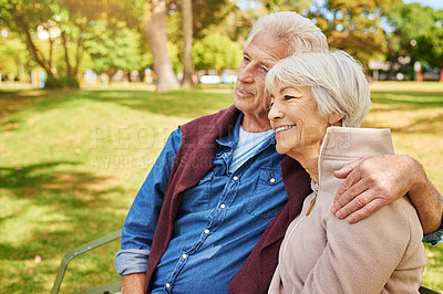 Buy stock photo Shot of a happy senior couple in the park