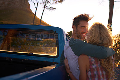 Buy stock photo Hugging, car or happy couple on road trip in nature on romantic, holiday or vacation for bonding on date. Truck, travel or people hug or embrace on summer weekend trip with romance in park together 