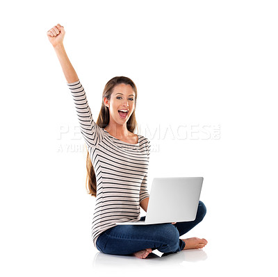 Buy stock photo Portrait, happy and woman celebrate on laptop for good news, success or goal in studio isolated on a white background. Yes, cheers and excited winner on computer for lottery, bonus and mockup space