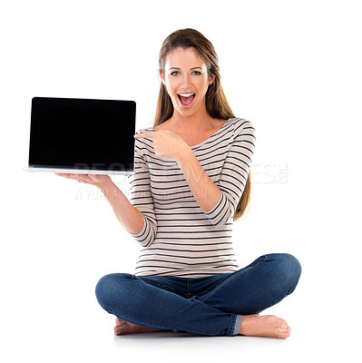 Buy stock photo Laptop screen, portrait and woman with hand pointing to mockup in studio for wow news presentation on white background. Computer, space and shocked model with streaming deal, service or sign up offer
