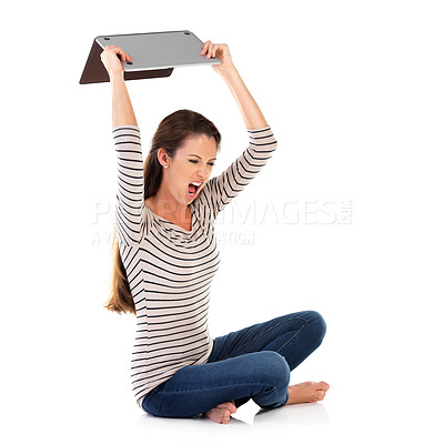 Buy stock photo Laptop, throw and angry woman shouting in studio frustrated by bankruptcy, news or 404 on white background. Computer, smash or model with stress for stock market crash, crisis or inflation newsletter