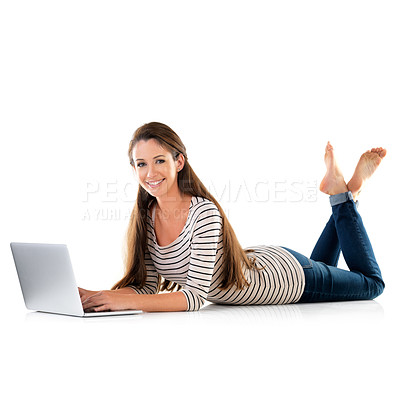 Buy stock photo Laptop, search and portrait of woman on studio floor for education, research or online course on white background. Elearning, pc and entrepreneur with web communication for upskill training sign up
