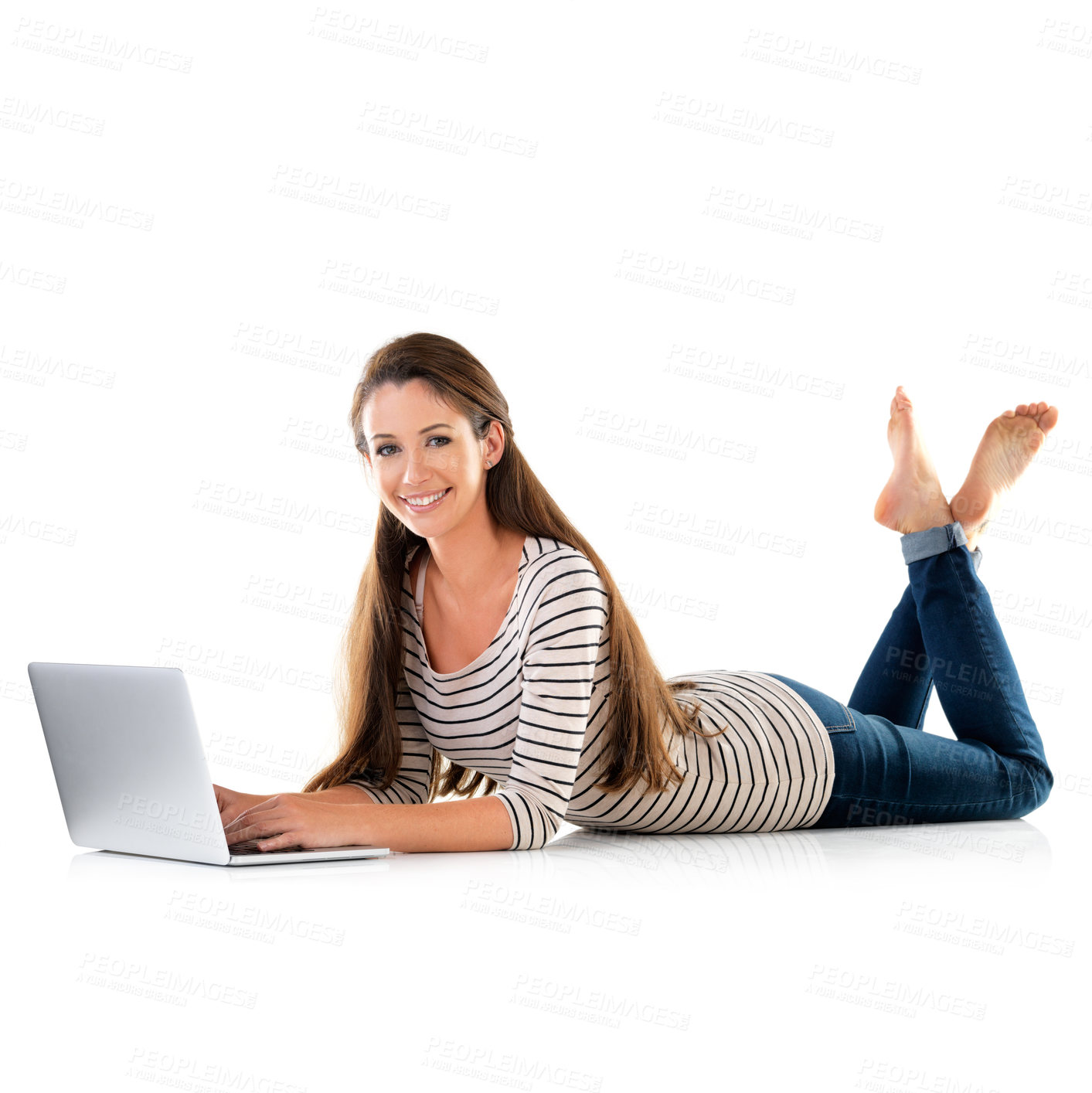 Buy stock photo Laptop, search and portrait of woman on studio floor for education, research or online course on white background. Elearning, pc and entrepreneur with web communication for upskill training sign up