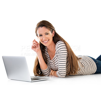 Buy stock photo Laptop, portrait and happy woman on studio floor for education, research or online course on white background. Elearning, pc and entrepreneur with registration sign up for upskill business training