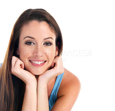 Buy stock photo Face, natural beauty and woman with cosmetic care for dermatology, shine and wellness on white background. Skincare, facial and healthy skin glow with portrait, hygiene and feminine aesthetic