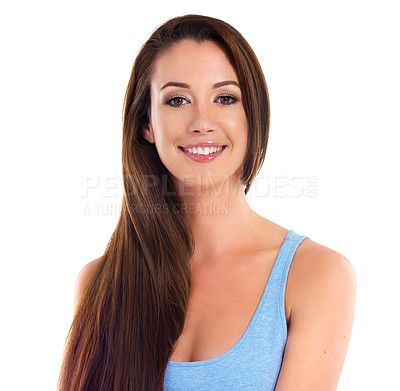 Buy stock photo Face, beauty and hair with woman in studio for dermatology, keratin treatment and shine on white background. Cosmetic care, facial and haircare in portrait, skincare and salon hairstyle for glow