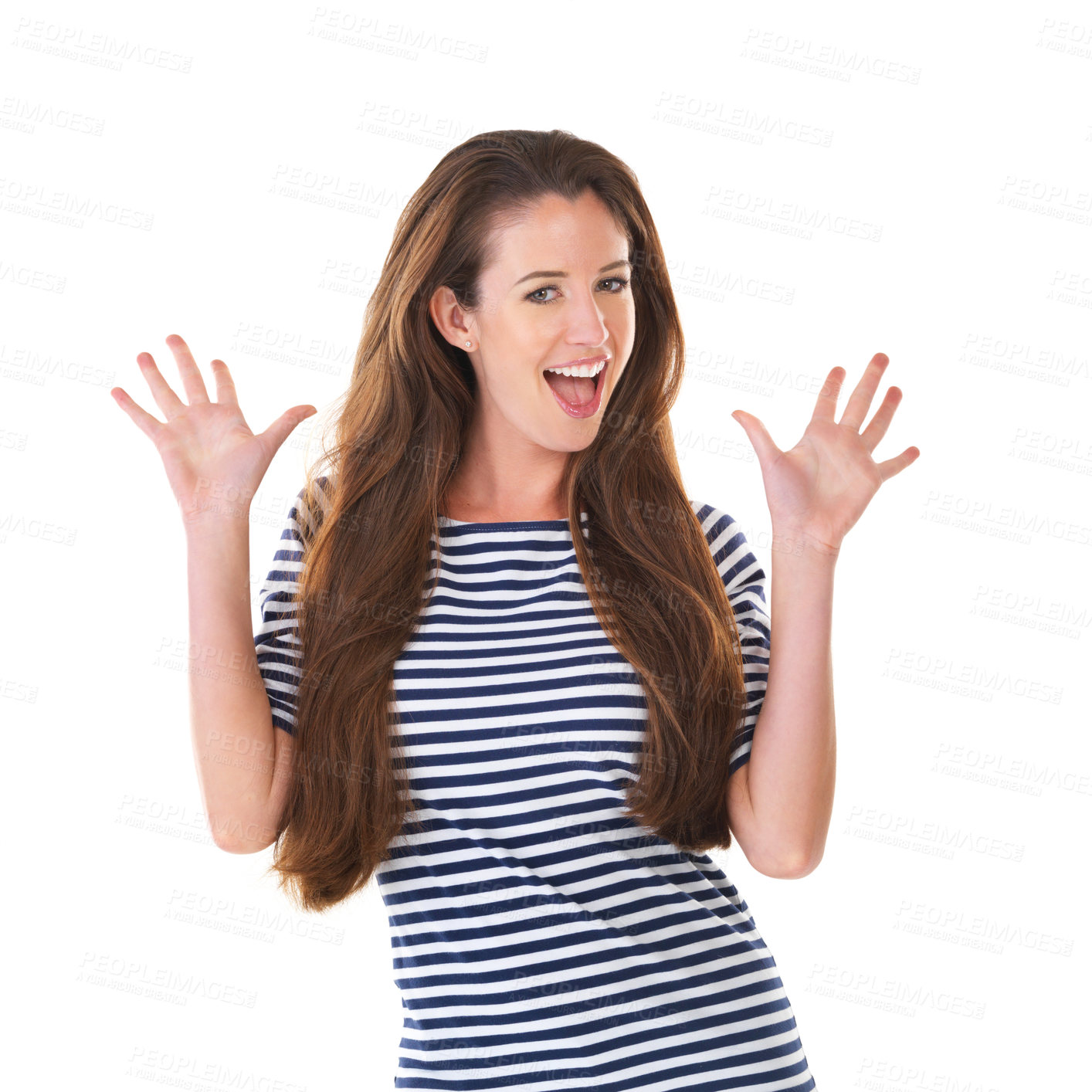 Buy stock photo Studio shot of a smiling young woman with her hands in the air isolated on white