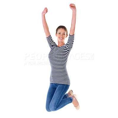Buy stock photo Studio shot of an ecstatic young woman jumping in the air isolated on white