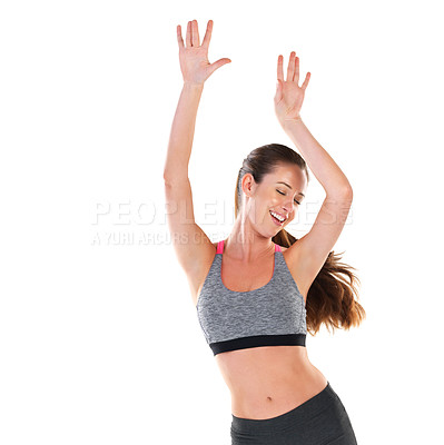 Buy stock photo Studio, mockup and woman celebrate for fitness, training and exercise progress with laugh or smile. Female person, cheerful and happy for self care, hands up and positive girl on white background