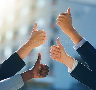 Buy stock photo Diversity, teamwork and business people with thumbs up in office for collaboration or motivation. Good news, satisfaction and group of lawyers with approval hand gesture for achievement in workplace.