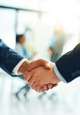 Buy stock photo Welcome, business people and handshake in office meeting for b2b, crm or networking. Hiring, job interview or men shaking hands for recruitment, deal or contract offer, collaboration and partnership