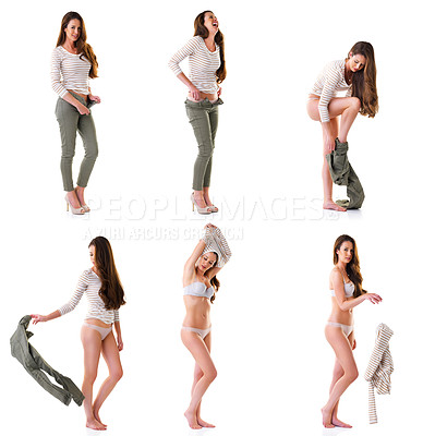 Buy stock photo Woman, collage and undress clothes in studio with laughing, casual fashion or comfortable in underwear. Person, happy and remove jeans, shirt or shoes with confidence for long day on white background