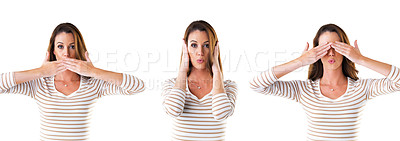 Buy stock photo Collage, woman in portrait and surprise in white background with comic, goofy and hands on face in studio. Female person, funny and comedy with different emotion, silly expression or reaction