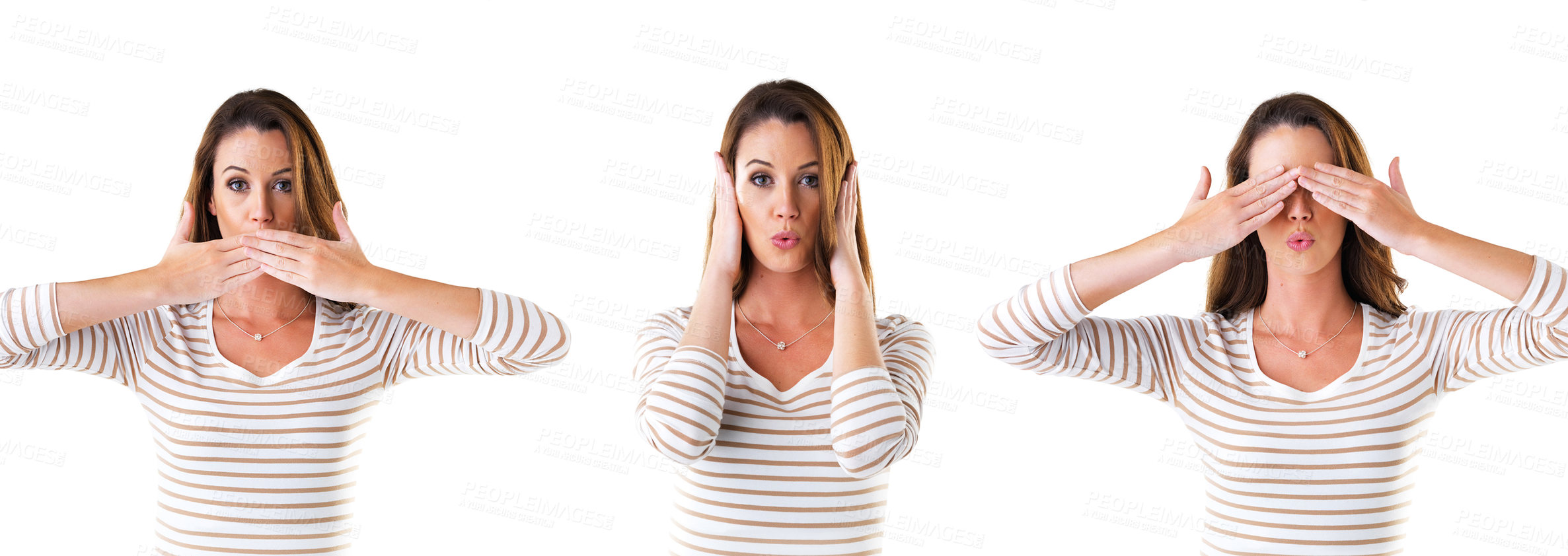 Buy stock photo Collage, woman in portrait and surprise in white background with comic, goofy and hands on face in studio. Female person, funny and comedy with different emotion, silly expression or reaction