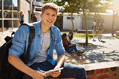 Buy stock photo Portrait of a young student sitting on campus