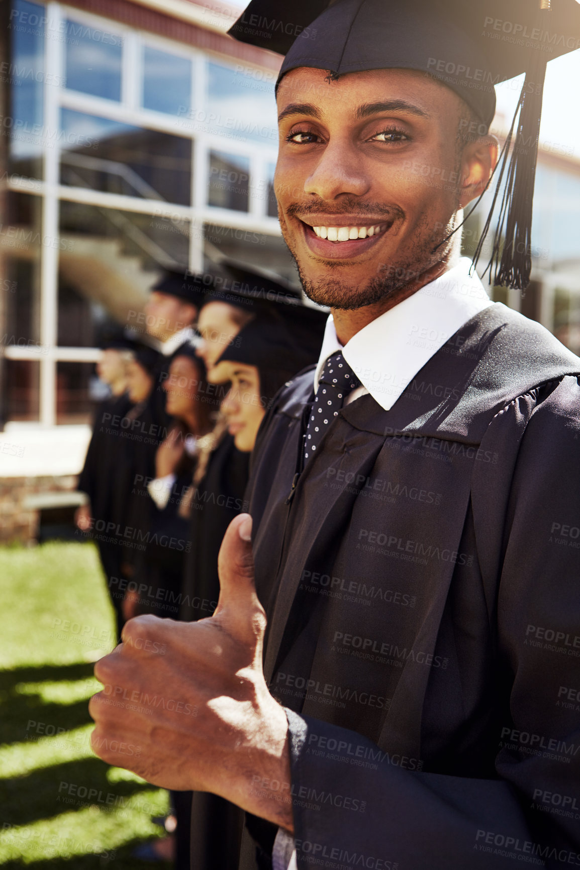 Buy stock photo Graduation, thumbs up and group with diploma, man and smile for milestone, scholarship and celebration. Outdoor, portrait and people with knowledge, degree and achievement for education and future