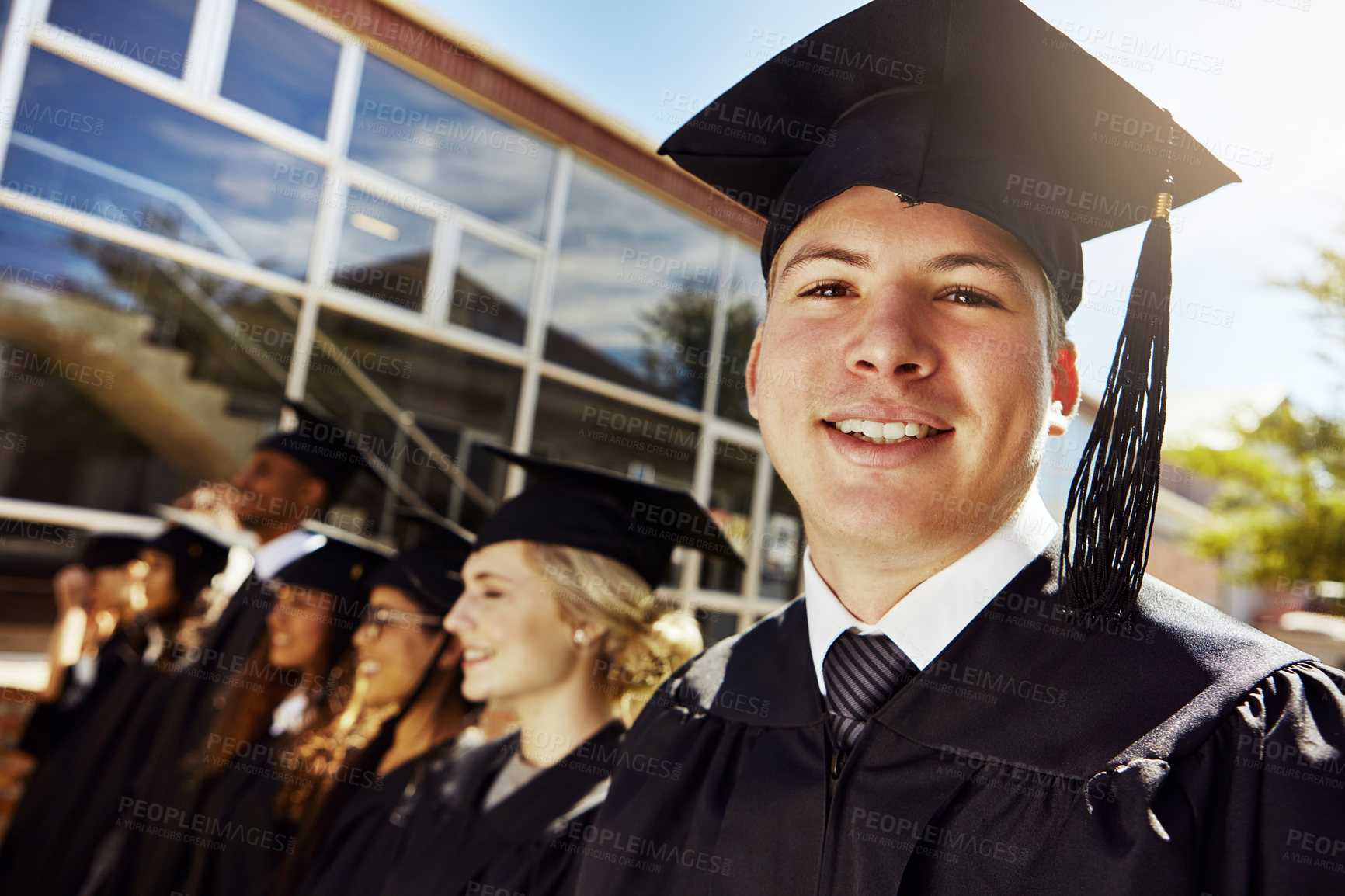 Buy stock photo Smile, man and portrait with graduation outdoor for education diploma, achievement and milestone. Proud, students and success with university award, announcement and learning goals of academic degree