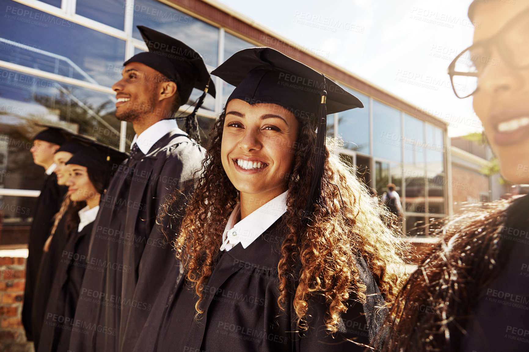 Buy stock photo Proud, students and graduation of ceremony outdoor of education diploma, achievement and milestone. Happy, people and celebrate of university award, announcement and learning goals of academic degree