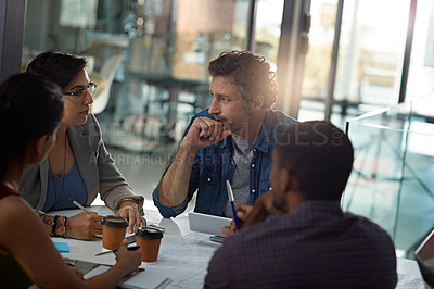 Buy stock photo Business people, tablet and teamwork in collaboration, meeting or feedback as creative in office. Technology, group and diversity for discussion, review and communication at company or digital agency