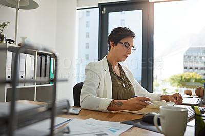 Buy stock photo Writing, notebook and business woman planning schedule, workflow ideas and company administration at her desk. Paperwork, notes and corporate secretary, office worker or employee with career strategy