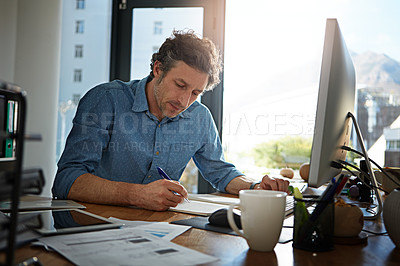 Buy stock photo Notebook, writing and planning with a businessman working on his desk in the office for growth or development. Strategy, mindset and mission with a male employee at work to write notes in his book