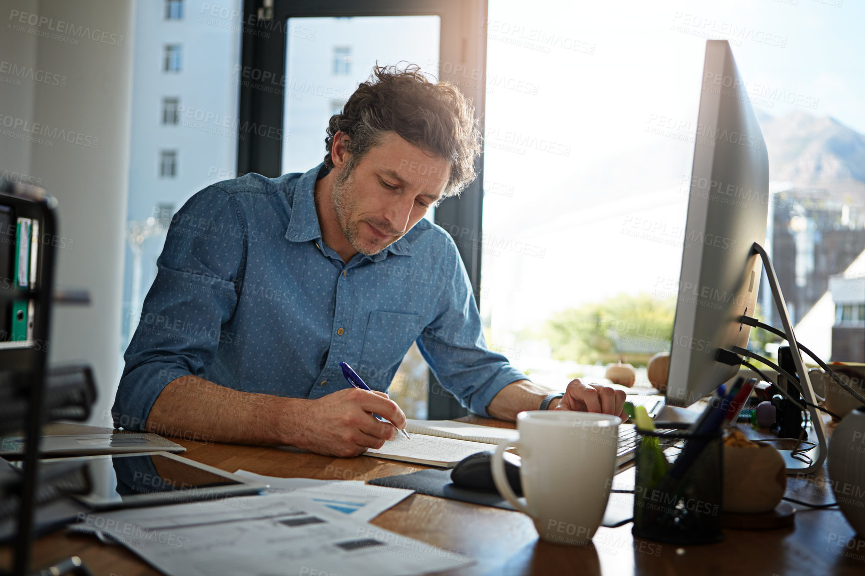 Buy stock photo Notebook, writing and planning with a businessman working on his desk in the office for growth or development. Strategy, mindset and mission with a male employee at work to write notes in his book