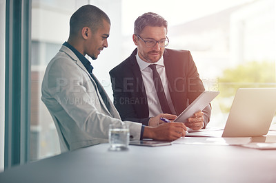 Buy stock photo Tablet, teamwork and business men planning in conference room meeting, management and discussion of corporate data. Professional people, partner or manager talking and analysis on digital technology