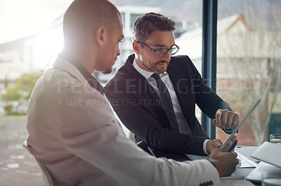 Buy stock photo Business people, tablet and planning online for corporate strategy during discussion of information. Man in a meeting with manager, mentor or coach for finance investment conversation on mobile app
