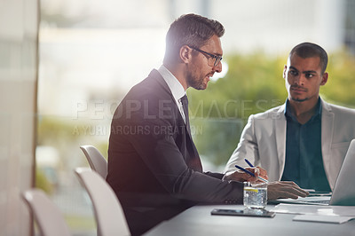 Buy stock photo Planning, laptop and business men with manager for discussion, collaboration and corporate management in office. Professional people, boss or clients speaking, review and advice, meeting and computer