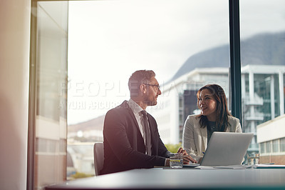 Buy stock photo Laptop, planning and business people or clients in meeting collaboration, teamwork or discussion of advice. Corporate woman, worker or professional partner talking in conference, office and computer