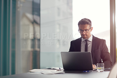 Buy stock photo Laptop, office and business man reading email, working on website and corporate planning. Schedule, software app and data analytics of a professional worker, ceo or executive on digital technology