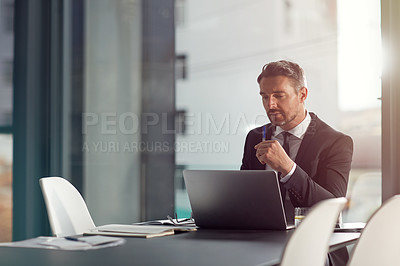 Buy stock photo Business man, laptop and thinking, reading or online check, data analysis or financial solution in office. Planning, focus or finance review of professional accountant or corporate person on computer