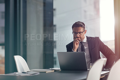 Buy stock photo Business man, laptop and thinking, reading or online decision, choice or solution of software data or boss review. Planning, focus and problem solving of corporate person or CEO on computer in office