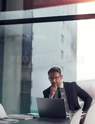 Buy stock photo Business man, computer and planning, thinking or reading, research ideas and financial solution for stock market. Decision, focus and debt review or finance risk choice of corporate person on laptop