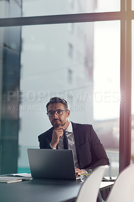 Buy stock photo Portrait, business and man with laptop, trading and fintech for investment, financial growth and management. Male employee, investor and digital schedule for profits, finance and corporate leadership