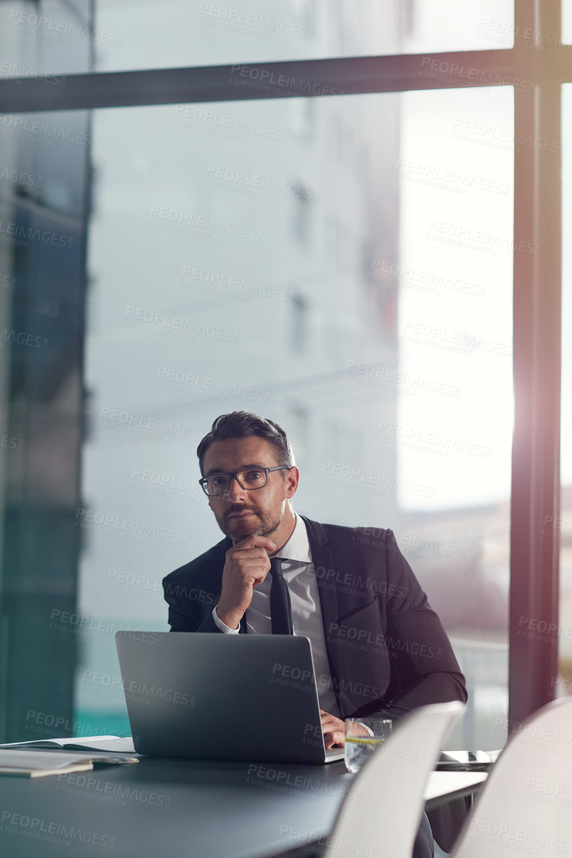 Buy stock photo Portrait, business and man with laptop, trading and fintech for investment, financial growth and management. Male employee, investor and digital schedule for profits, finance and corporate leadership