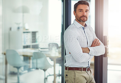 Buy stock photo Portrait, business and man with confidence in office for about us, corporate career and financial consultant. Male person, arms crossed and investment growth, experience and ambition of opportunity 