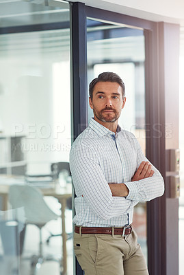 Buy stock photo Thinking, business and man for pride in office of about us, corporate career and financial consultant. Serious, person and arms crossed of investment growth, legal advice and ambition of opportunity 