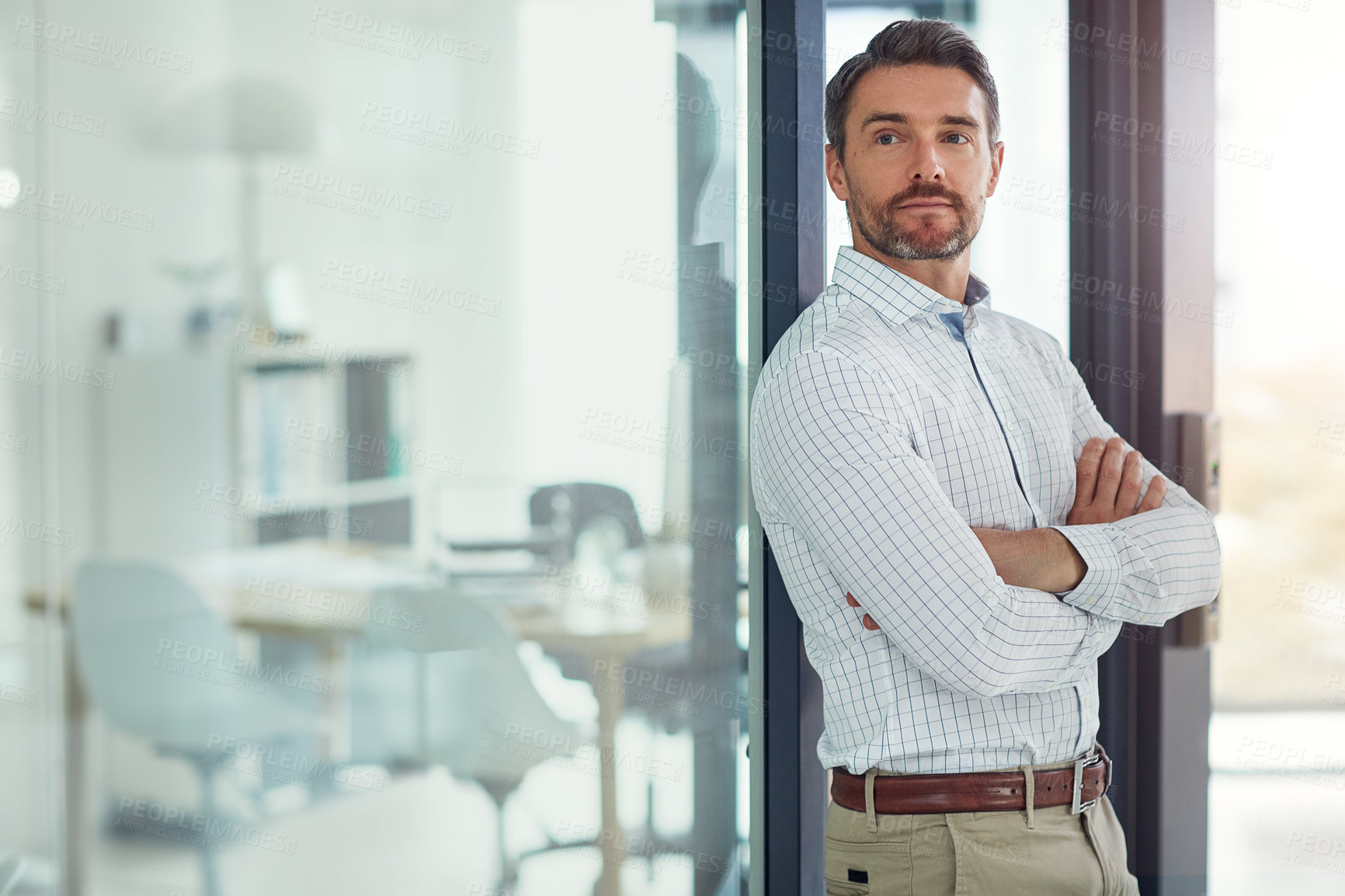 Buy stock photo Thinking, man and lawyer with confidence in office for about us, corporate career and legal consultant. Male person, arms crossed and company advice, experience and ambition with justice opportunity