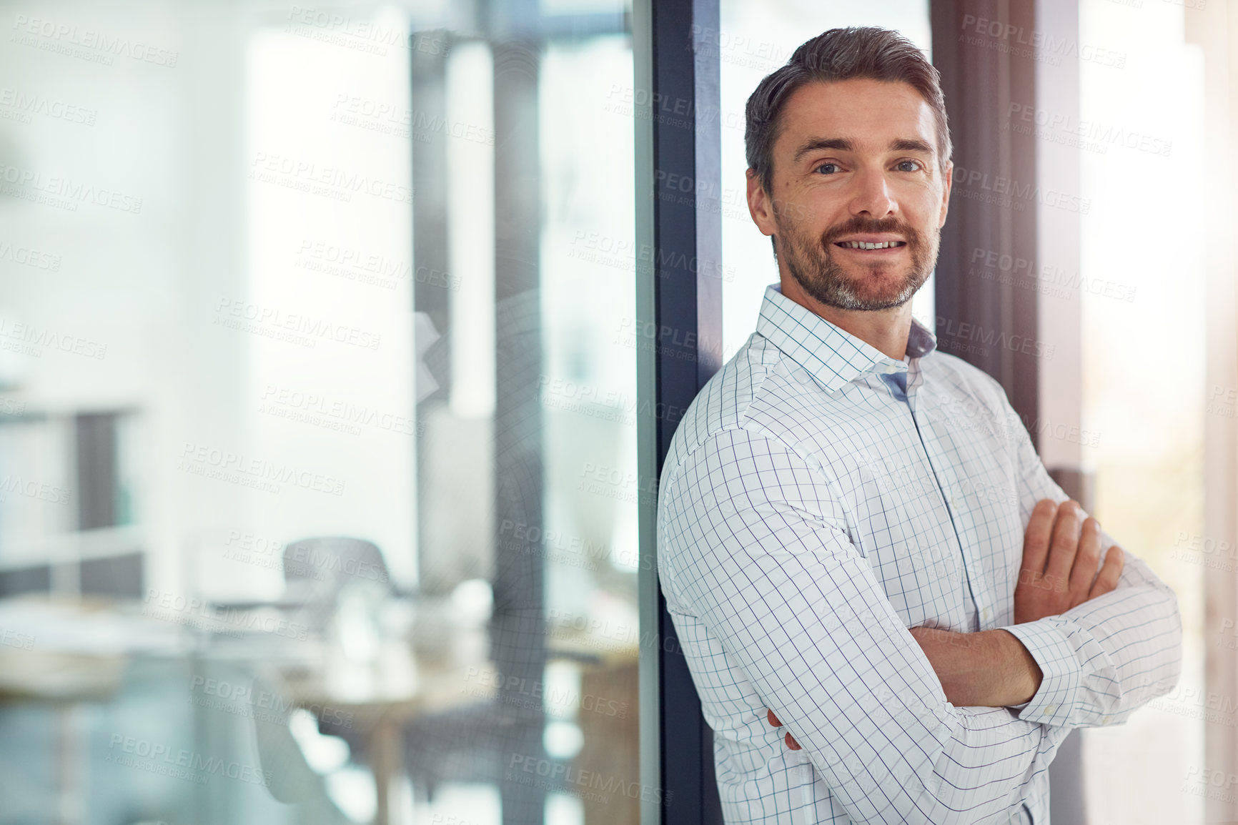 Buy stock photo Confident, man and lawyer with portrait in office for about us, corporate career and legal consultant. Male person, arms crossed and company advice, experience and ambition with justice opportunity