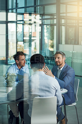 Buy stock photo Office, planning and business men in meeting for marketing strategy, ideas and work project. Teamwork, collaboration and group of male workers in discussion for goals, target and vision in building