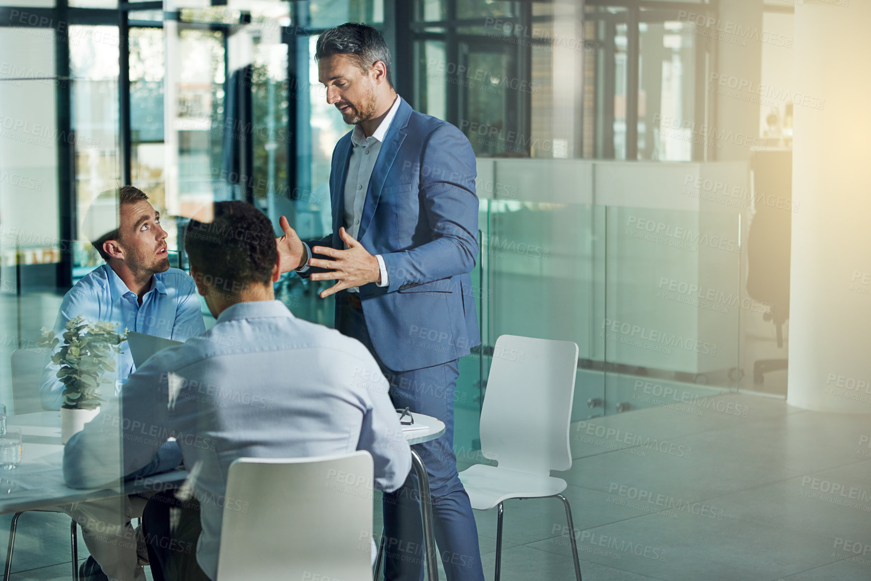 Buy stock photo Speaker, conversation and director planning project with team, collaboration and ideas. Proposal, discussion and corporate business people with mentor, mockup and space for office strategy meeting