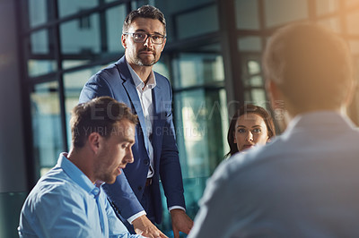 Buy stock photo Business people, man and portrait at meeting in office, planning or strategy for teamwork, vision and leader. Businessman, leadership and team at desk with woman, collaboration and team building
