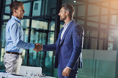 Buy stock photo Business people, handshake and b2b success or partnership, agreement and networking in office. Corporate, men and executive shaking hands with new client, merger or collaboration on deal or job