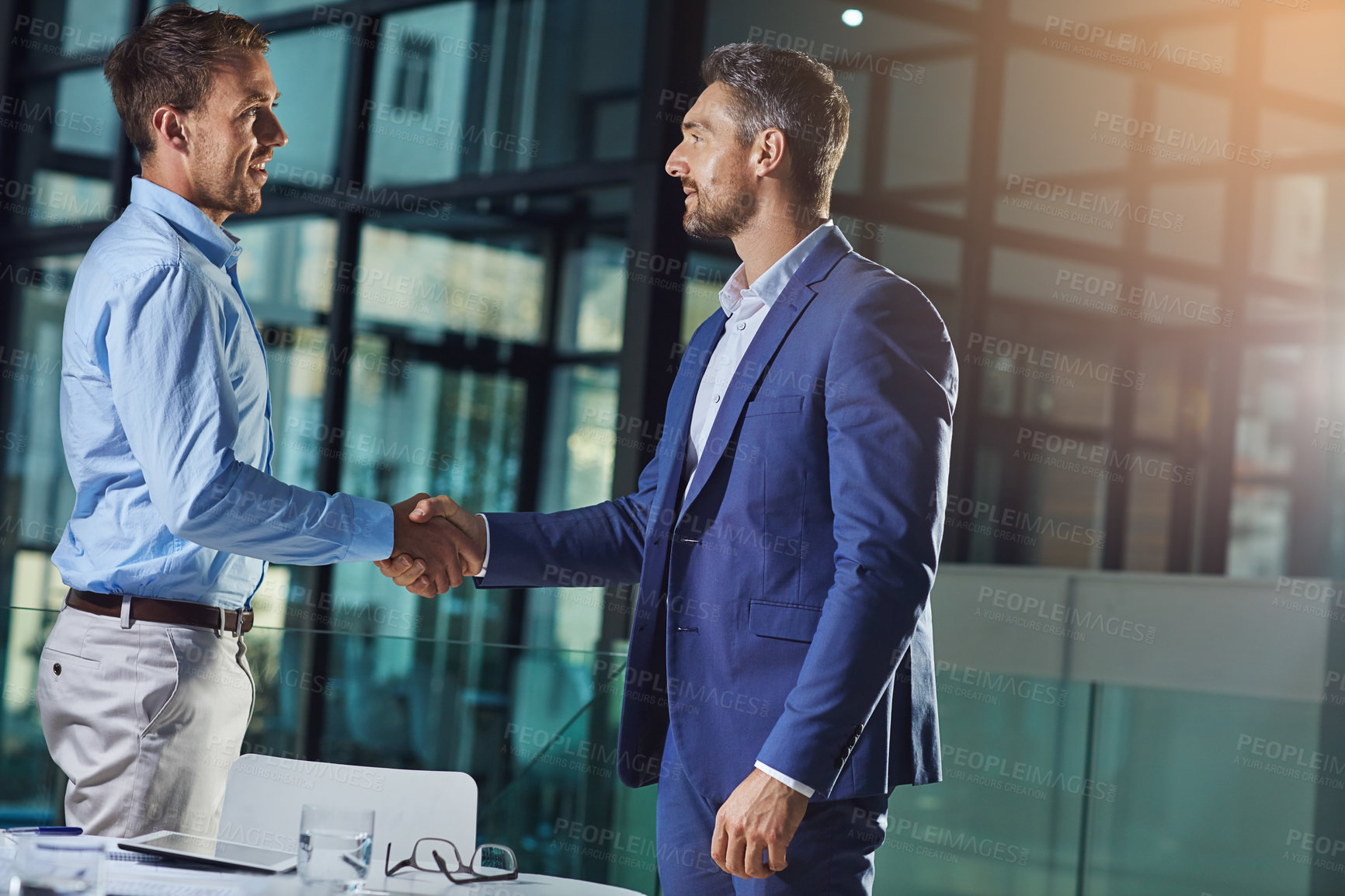 Buy stock photo Business people, handshake and b2b success or partnership, agreement and networking in office. Corporate, men and executive shaking hands with new client, merger or collaboration on deal or job